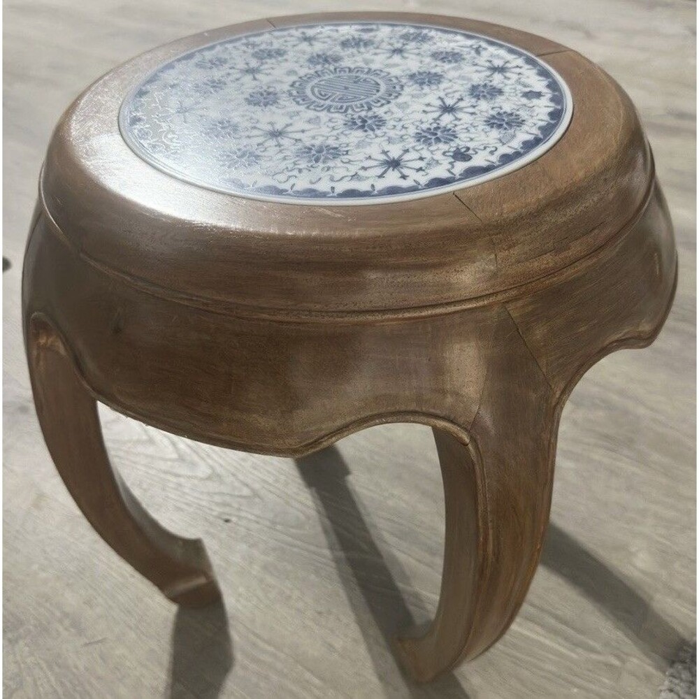 Chinese Old Wood Carved Blue & White Porcelain Taboret Stool Chair Stand